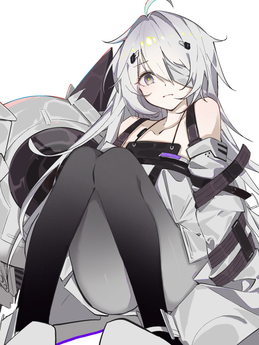 1girl, bandage_on_face, bandages, belt, frown, grey_eyes, highres, knees_together_feet_apart