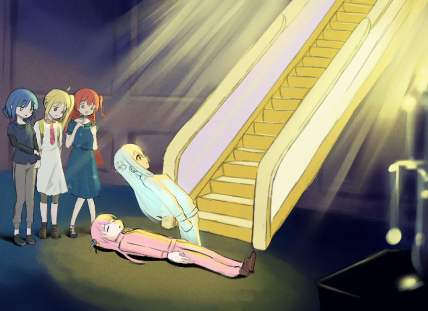 4girls, bocchi_the_rock!, cube_hair_ornament, dress, escalator, gotou_hitori, hair_ornament, ijichi_nijika