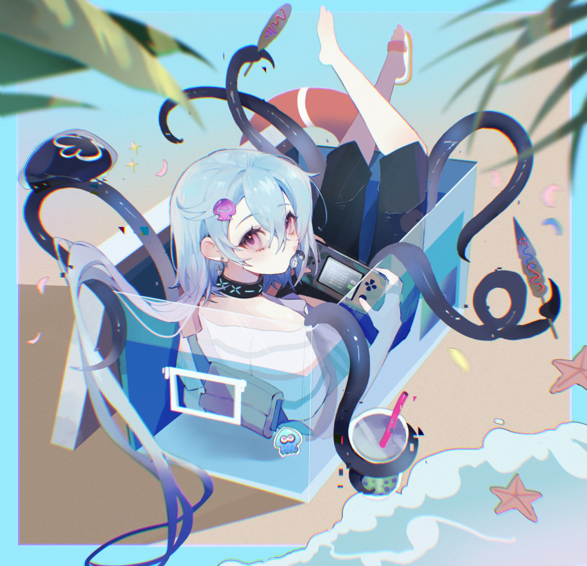 1boy, absurdres, arknights, black_collar, black_headwear, black_pants, blue_hair, collar, hair_between_eyes, hair_ornament, handheld_game_console, hat, hat_removed, headwear_removed, highres, holding, holding_handheld_game_console, in_container, infection_monitor_(arknights), juzi_dou_ban_jiang, lifebuoy, long_hair, looking_at_viewer, looking_back, male_focus, mizuki_(arknights), mouth_hold, off-shoulder_shirt, off_shoulder, otoko_no_ko, pants, pink_eyes, sandals, shirt, single_sandal, solo, tentacle_hold, white_shirt