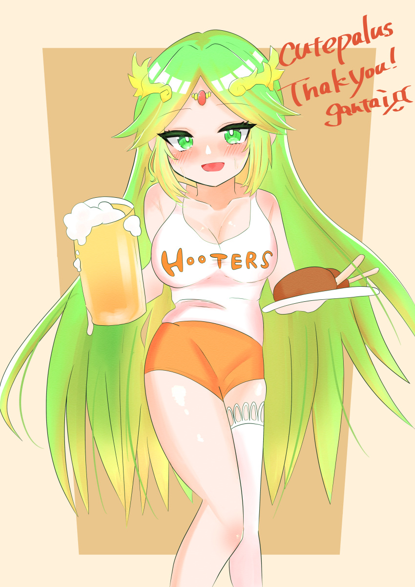 1girl, :d, artist_signature, beer, beer_mug, blush, chicken_wing, cleavage