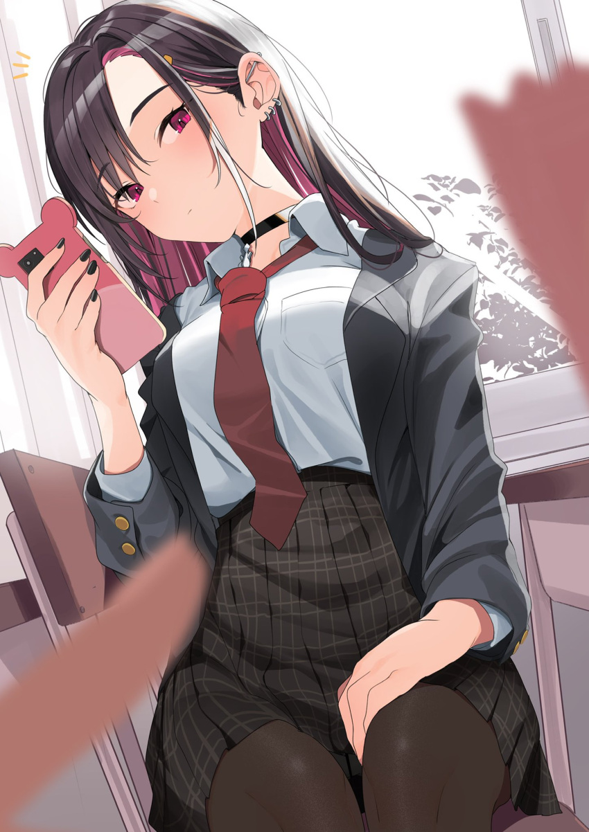 1girl, bangs, black_choker, blurry, blurry_foreground, breasts, chair, choker
