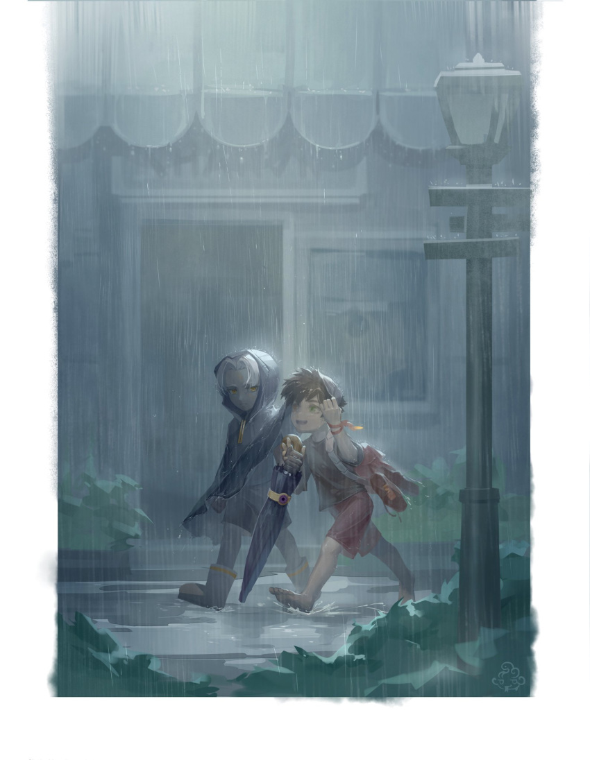 2boys, black_hair, boots, closed_umbrella, colored_skin, full_body, grey_skin, hades_(game), highres, hood, hood_up, lamppost, madeinasphodel, male_focus, multiple_boys, outdoors, rain, short_hair, thanatos_(hades), umbrella, walking, wet, white_hair, zagreus_(hades)
