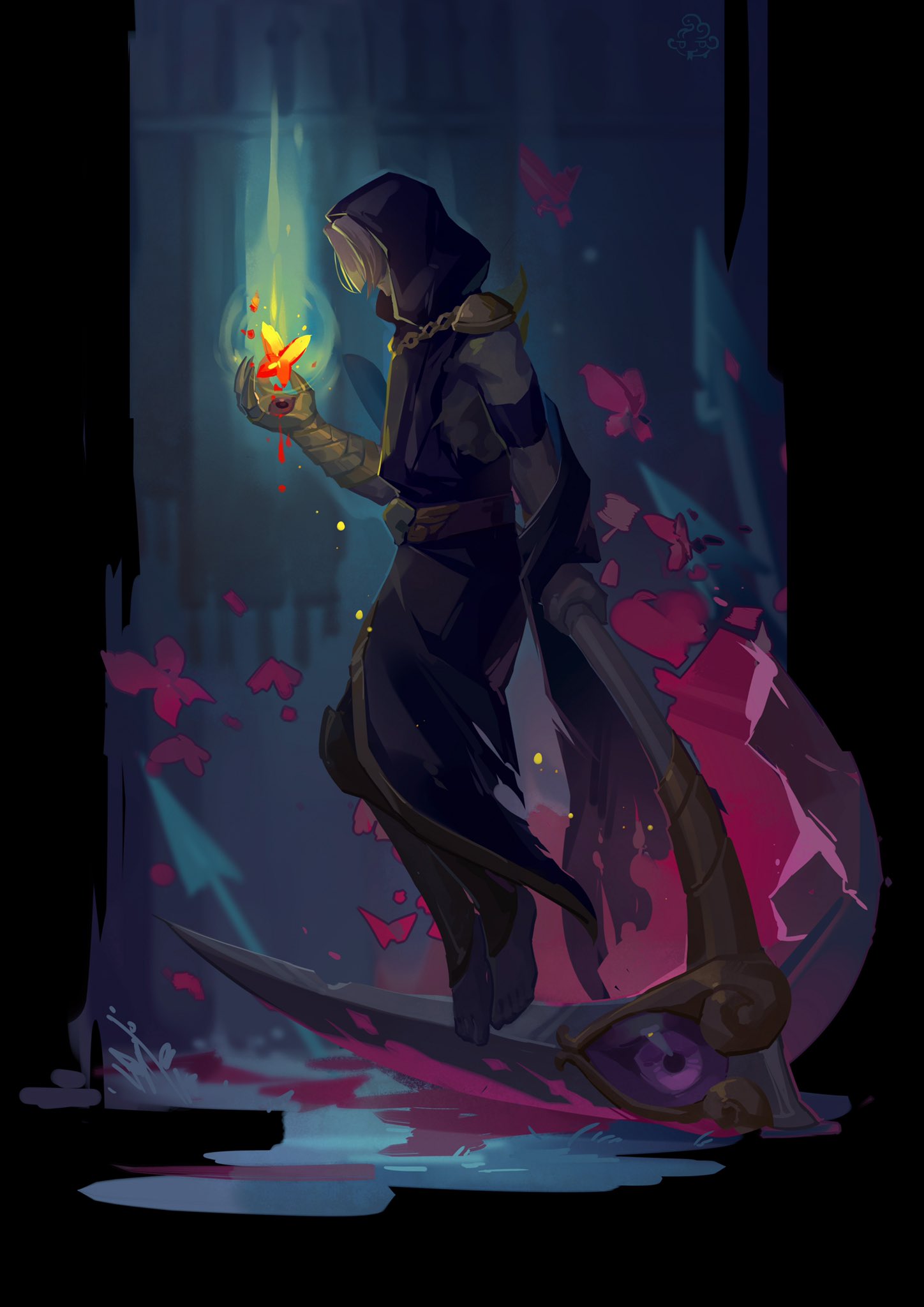 1boy, bug, butterfly, colored_skin, from_side, full_body, grey_skin, hades_(game)
