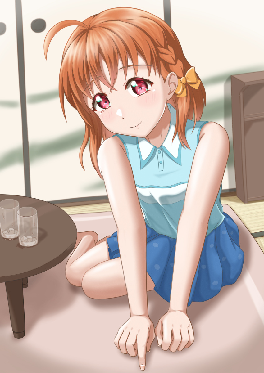 1girl, ahoge, bangs, blue_shirt, blue_skirt, bow, braid, carpet