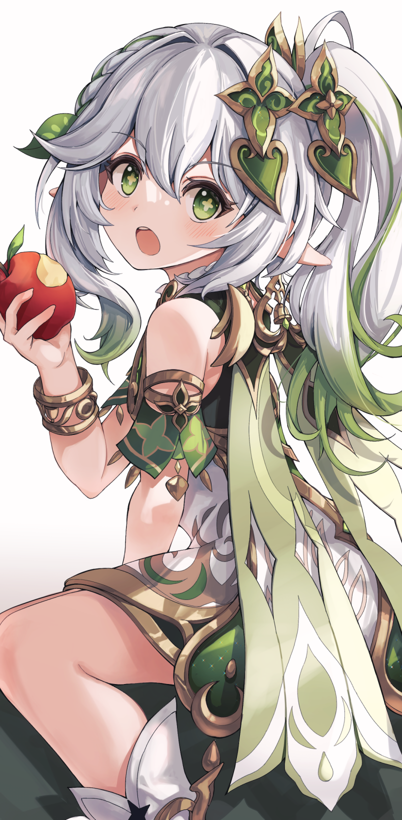 1girl, apple, blush, cape, food, fruit, genshin_impact, gradient_hair