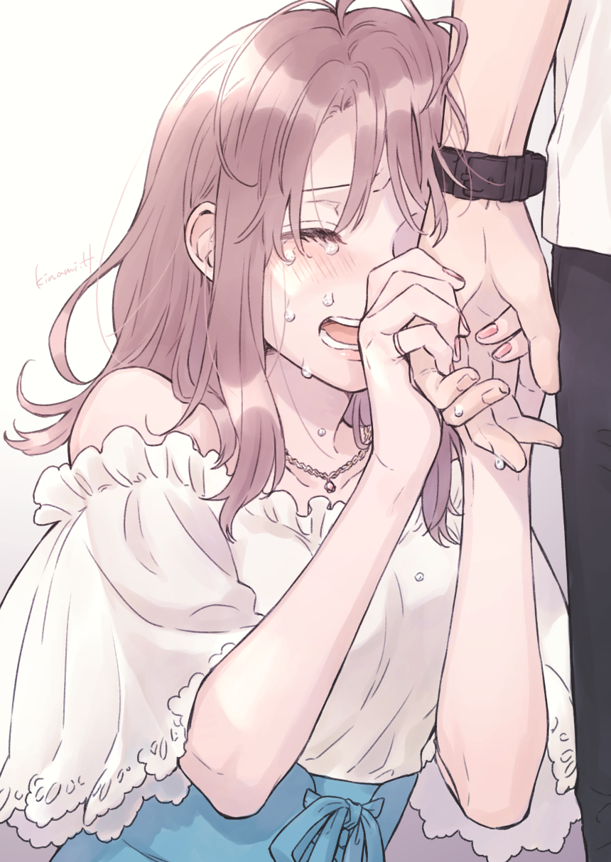 1boy, 1girl, aqua_ribbon, aqua_sash, bangs, bare_shoulders, black_pants, blush