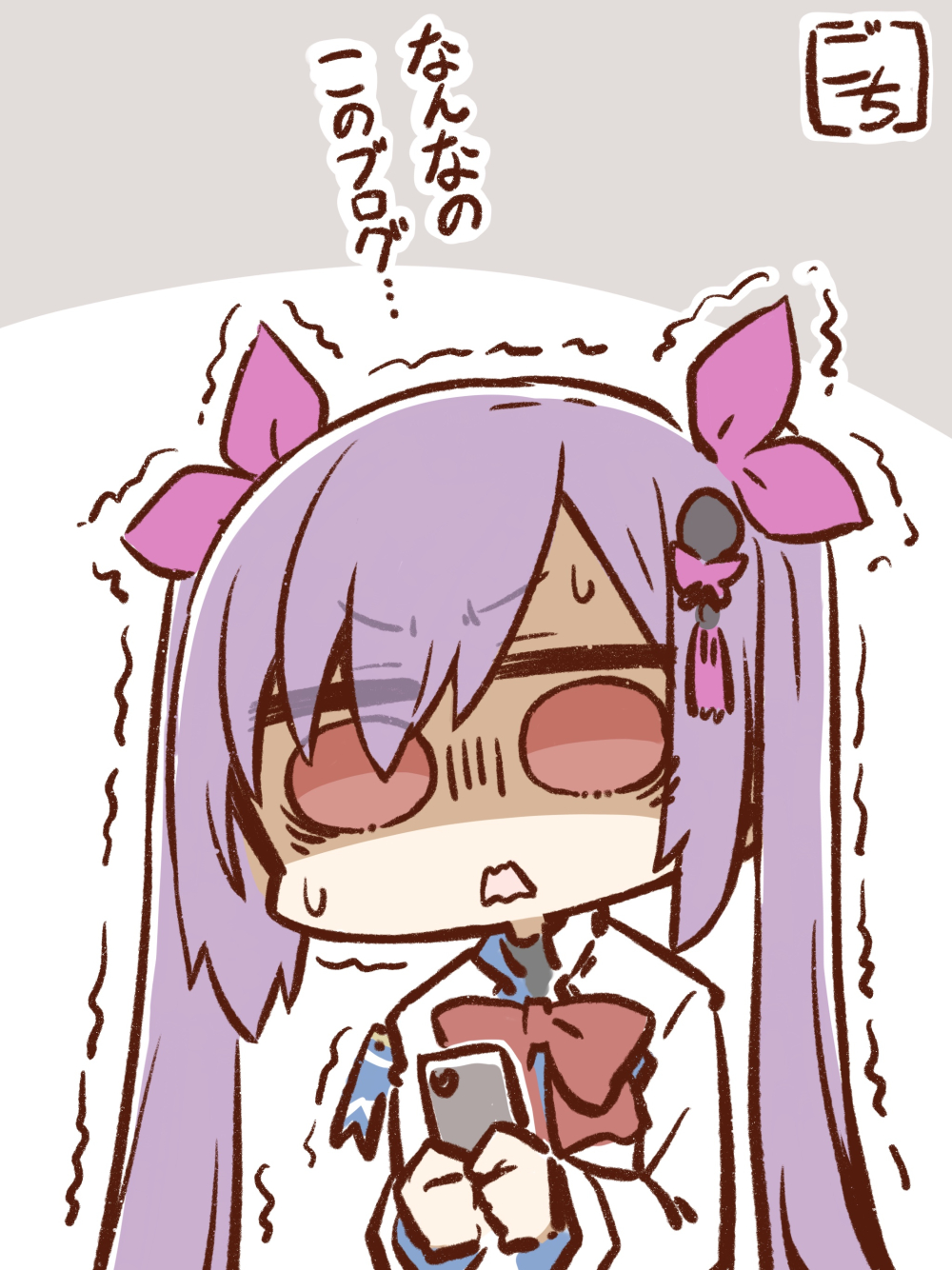 1girl, artist_name, assault_lily, bangs, bow, bowtie, cellphone, chibi