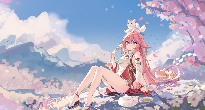 1girl, animal, animal_ears, arm_up, bangs, bare_shoulders, cherry_blossoms, closed_mouth