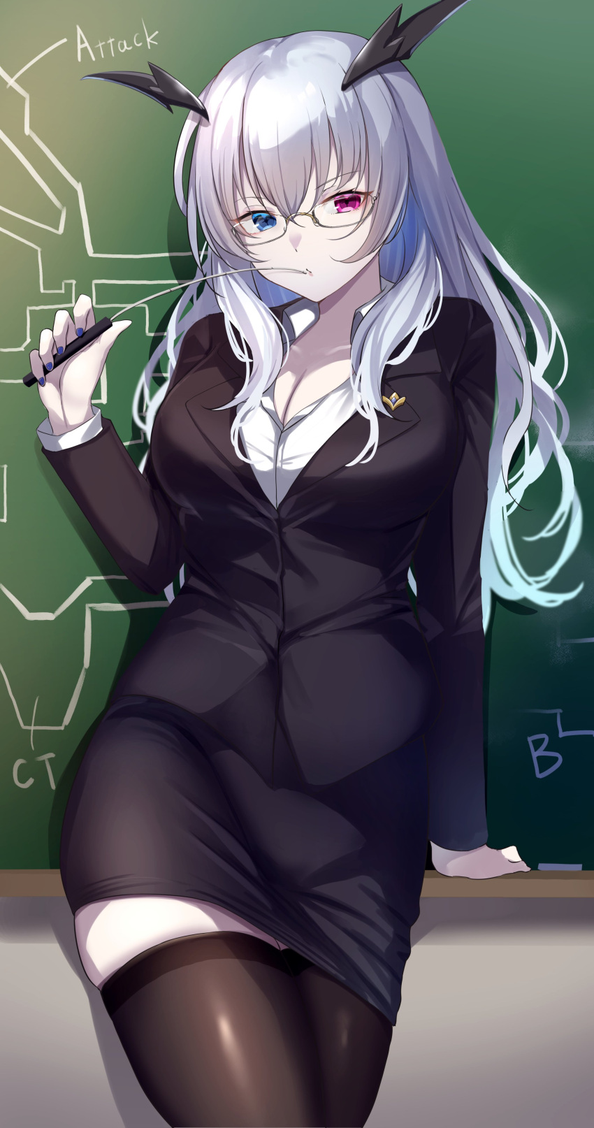 1girl, absurdres, black_dress, blue_hair, blue_nails, chalk, chalkboard, dress