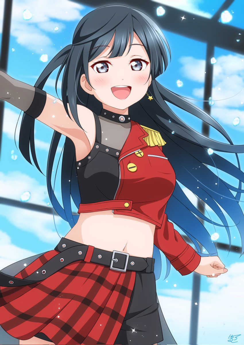 1girl, armpits, asymmetrical_jacket, asymmetrical_skirt, bangs, belt, black_belt, black_eyes