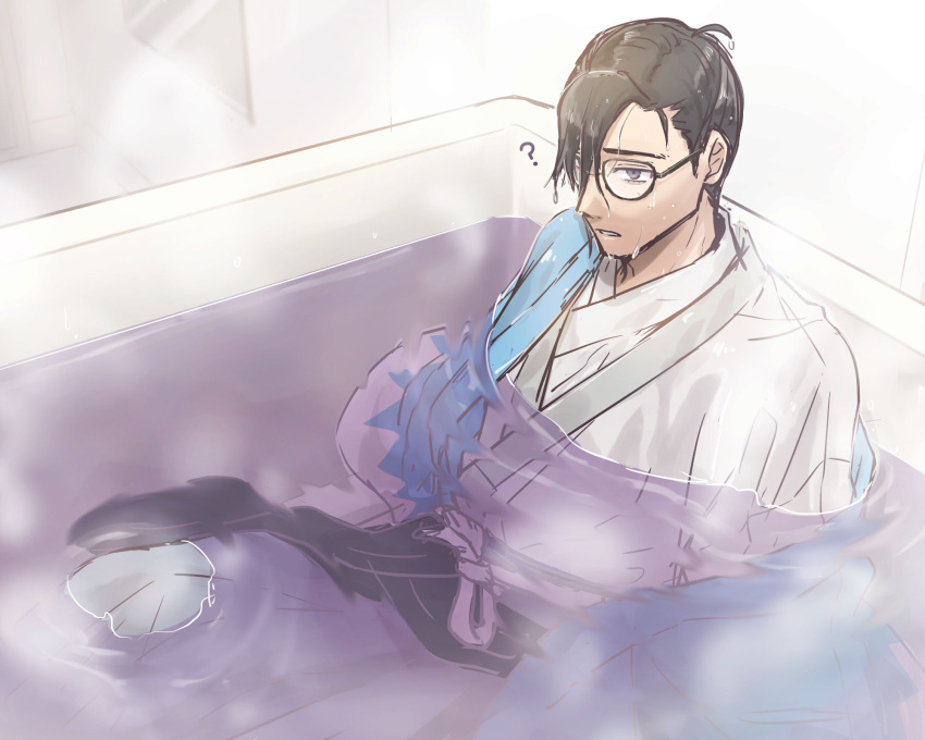 1boy, ahoge, bathtub, black_hair, black_sash, blue_jacket, confused, fate/grand_order