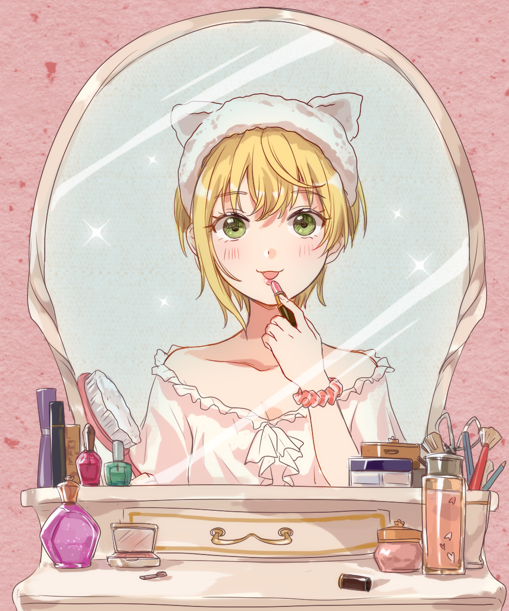 1girl, 270_(woshizongg), animal_ears, bangs, blonde_hair, bottle, chinese_commentary, collarbone, cosmetics, drawer, face_powder, frilled_shirt, frills, green_eyes, hair_brush, hand_mirror, headwear_request, highres, holding_hair_brush, idolmaster, idolmaster_cinderella_girls, light_blush, lipstick_tube, looking_at_mirror, makeup, makeup_brush, mascara, mirror, miyamoto_frederica, nail_polish_bottle, off-shoulder_shirt, off_shoulder, pencil, perfume_bottle, pink_lips, pink_lipstick_tube, pink_shirt, scissors, shirt, short_hair, solo, table, tongue, tongue_out, vanity_table, white_headwear