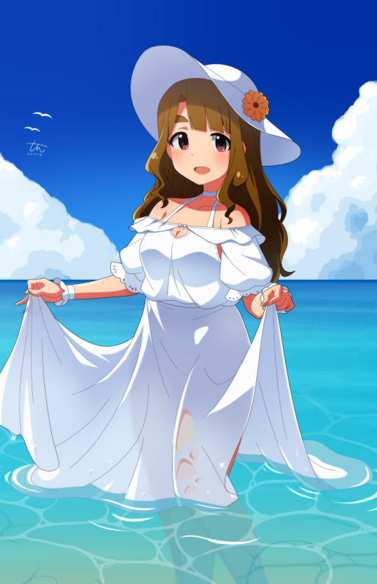 1girl, bangs, bird, blue_sky, blush, breasts, brown_eyes, brown_hair