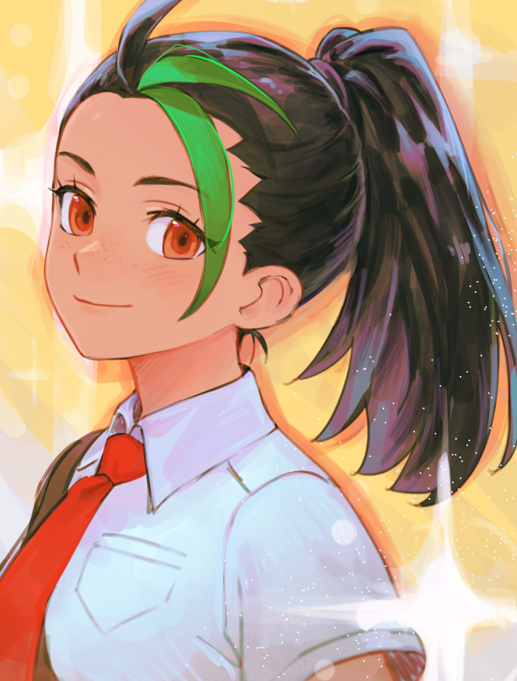 1girl, ahoge, bangs, black_hair, blush, closed_mouth, collared_shirt, commentary_request, eyelashes, freckles, green_hair, multicolored_hair, necktie, neekosiah, nemona_(pokemon), orange_eyes, orange_necktie, pokemon, pokemon_(game), pokemon_sv, ponytail, shirt, short_sleeves, smile, solo, strap, two-tone_hair, upper_body, white_shirt
