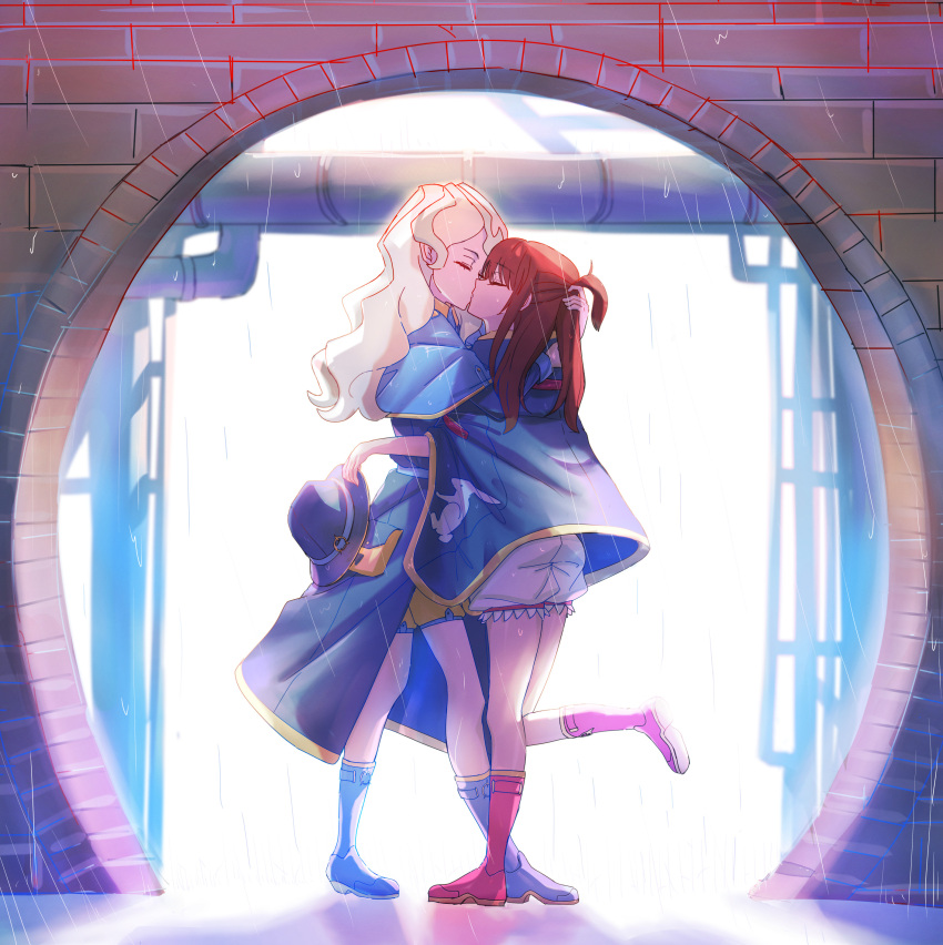 2girls, absurdres, arch, blonde_hair, bloomers, boots, brown_hair, closed_eyes