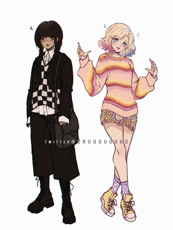 2girls, :d, addams_family, artist_name, bag, bangs, black_hair, black_pants