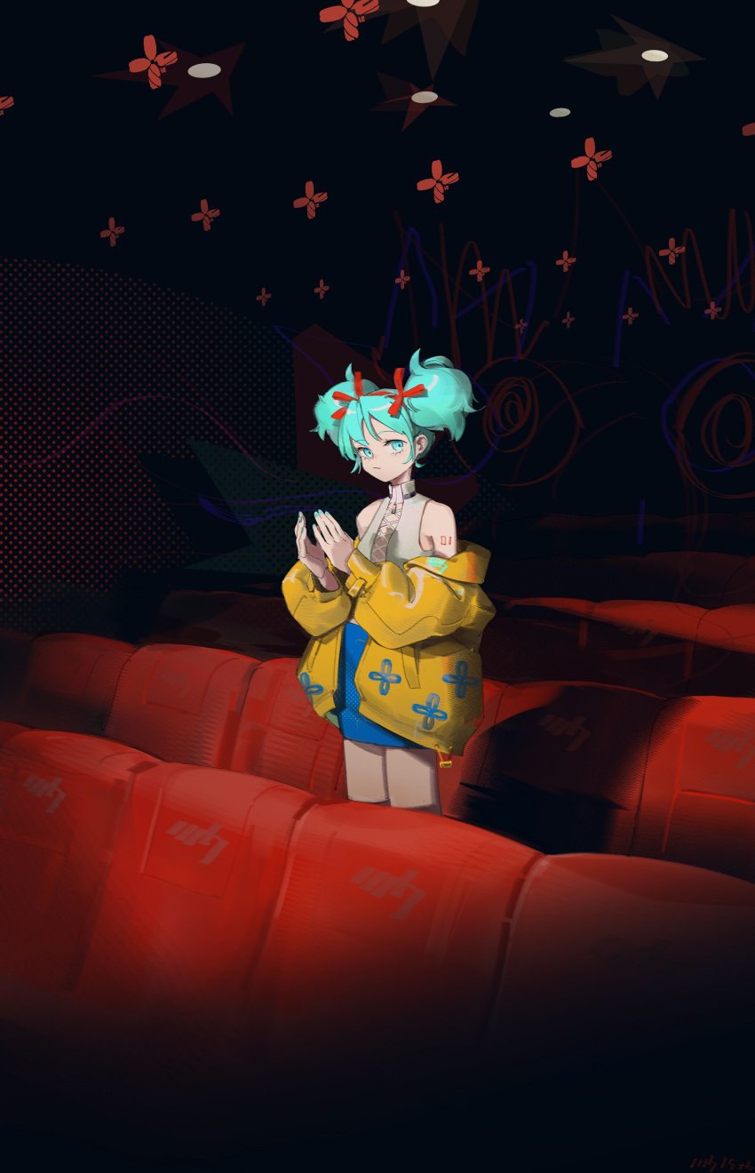 1girl, absurdres, bare_shoulders, blue_eyes, blue_hair, blue_skirt, clapping, closed_mouth