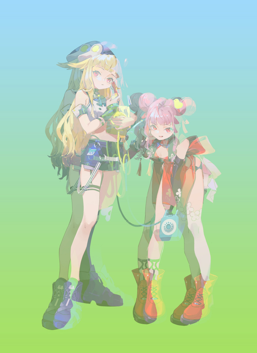 2girls, :d, absurdres, ankle_boots, black_headwear, black_skirt, black_thighhighs, blonde_hair