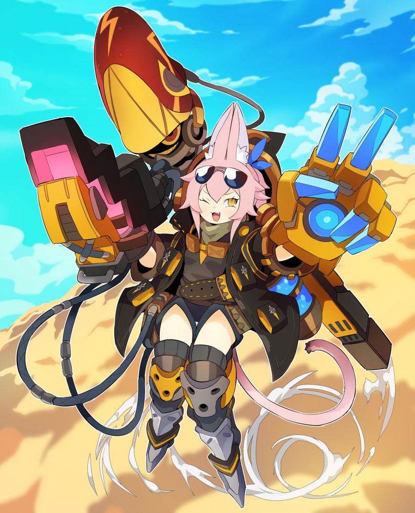 1girl, 1other, animal_ear_fluff, animal_ears, commentary, duel_monster, eyewear_on_head, fang, grin, hand_up, highres, jacket, kitt_(yu-gi-oh!), korean_commentary, one_eye_closed, open_mouth, pink_hair, red_eyes, rtari, shorts, sidelocks, slit_pupils, smile, springans_kitt, springans_rockey, sunglasses, tail, v, yellow_eyes, yu-gi-oh!