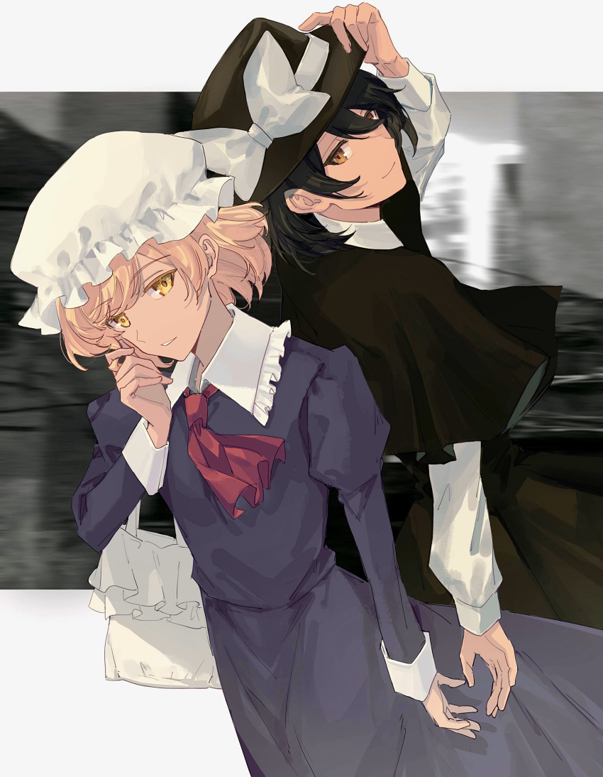 2girls, absurdres, ascot, bag, black_capelet, black_hair, black_headwear, black_skirt