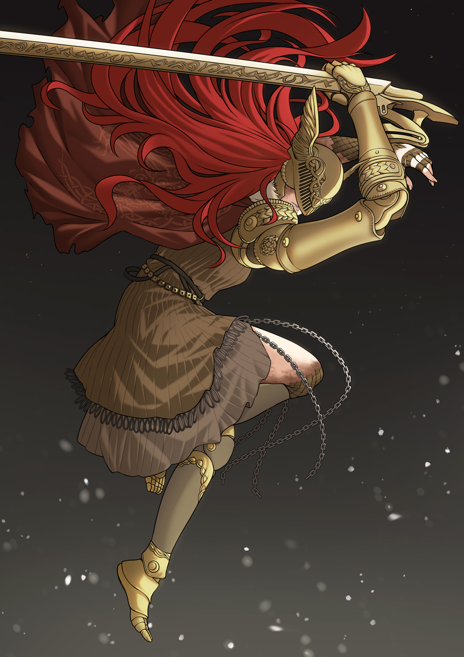1girl, amputee, armor, bbk_(13zk), blade, breasts, cape, closed_mouth, covered_eyes, dress, elden_ring, gold_armor, helmet, highres, holding, holding_sword, holding_weapon, long_hair, malenia_blade_of_miquella, mechanical_arms, prosthesis, prosthetic_arm, prosthetic_leg, red_cape, redhead, simple_background, single_mechanical_arm, solo, sword, triple_amputee, very_long_hair, weapon, winged_helmet