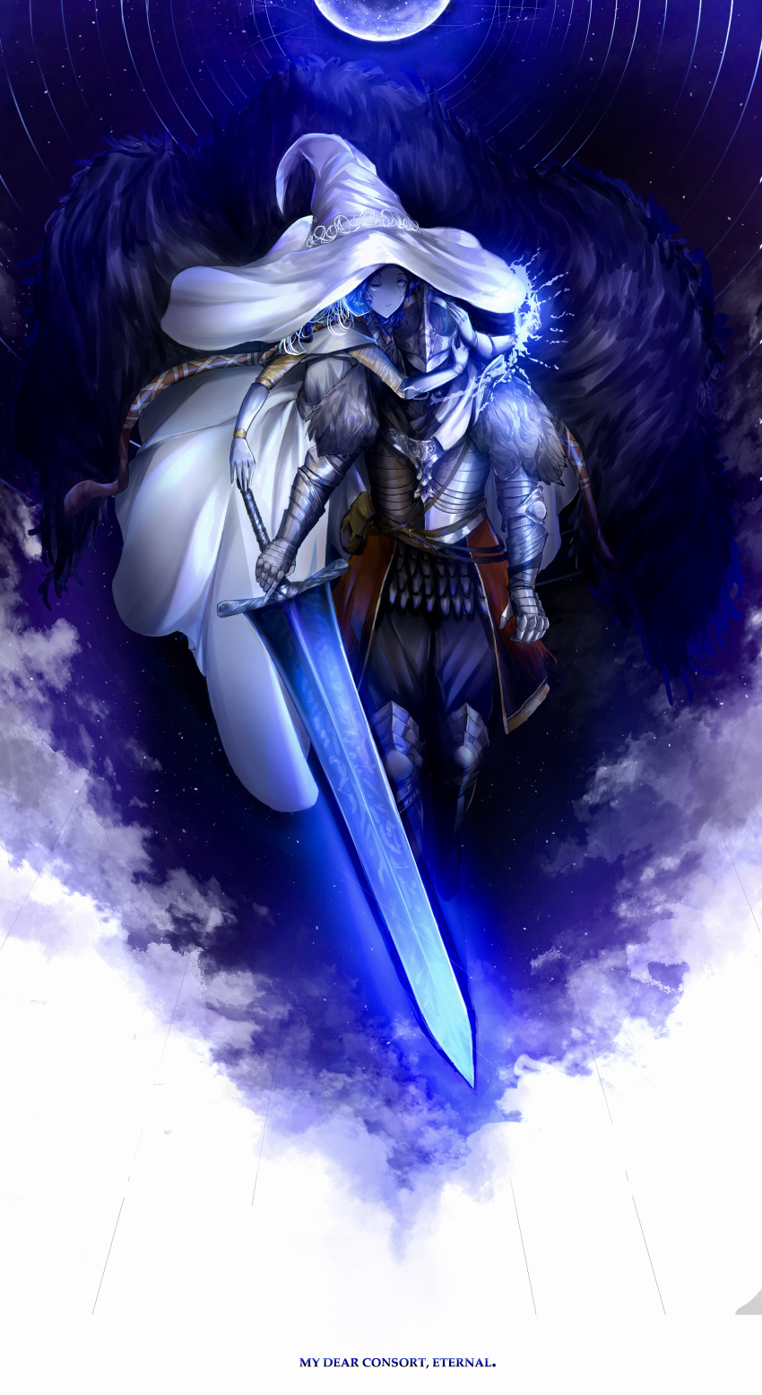 1girl, 1other, absurdres, armor, bloody_wolf_(elden_ring), blue_eyes, blue_hair, blue_skin, cape, cloak, colored_skin, cracked_skin, doll_joints, dress, elden_ring, extra_arms, fur_cape, fur_cloak, hat, highres, hug, joints, long_hair, looking_at_viewer, night, one_eye_closed, ranni_the_witch, robe, sif221, tarnished_(elden_ring), white_headwear, witch, witch_hat