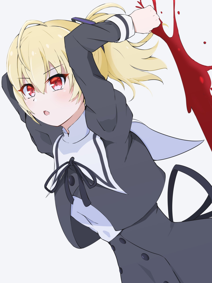 1girl, ahoge, andou_tazusa, arms_behind_head, arms_up, assault_lily, bangs, black_ribbon