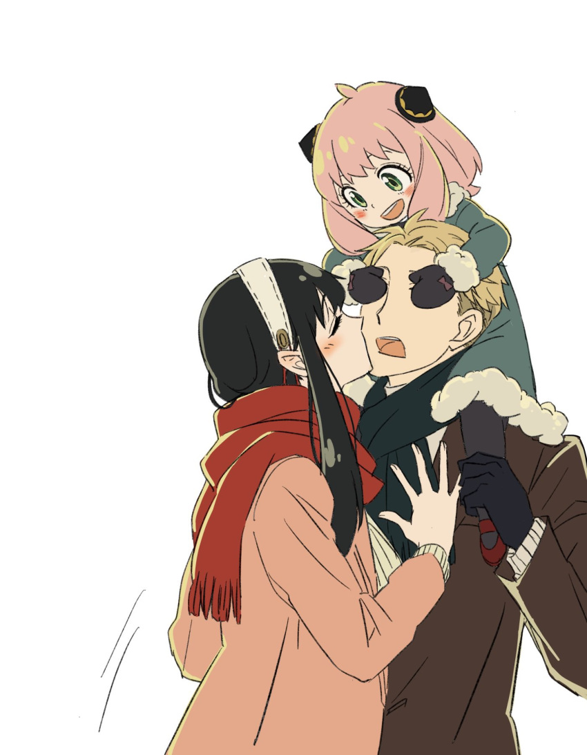 1boy, 2girls, anya_(spy_x_family), ayamame, bangs, black_gloves, black_hair, black_scarf, blush, carrying, commentary_request, covering_another's_eyes, female_child, gloves, green_eyes, hairpods, highres, horn_ornament, horns, husband_and_wife, kiss, kissing_cheek, multiple_girls, open_mouth, pink_hair, scarf, shoulder_carry, spy_x_family, twilight_(spy_x_family), yor_briar