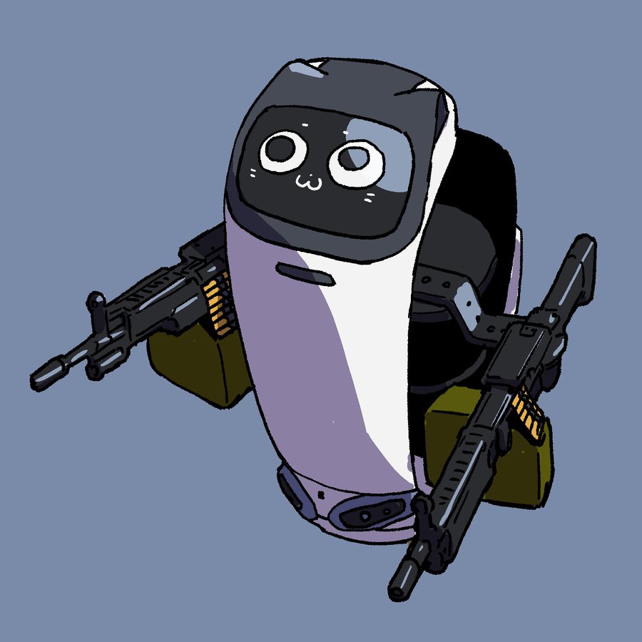 :3, black_eyes, blue_background, carrefour, dual_wielding, gun, holding, holding_weapon