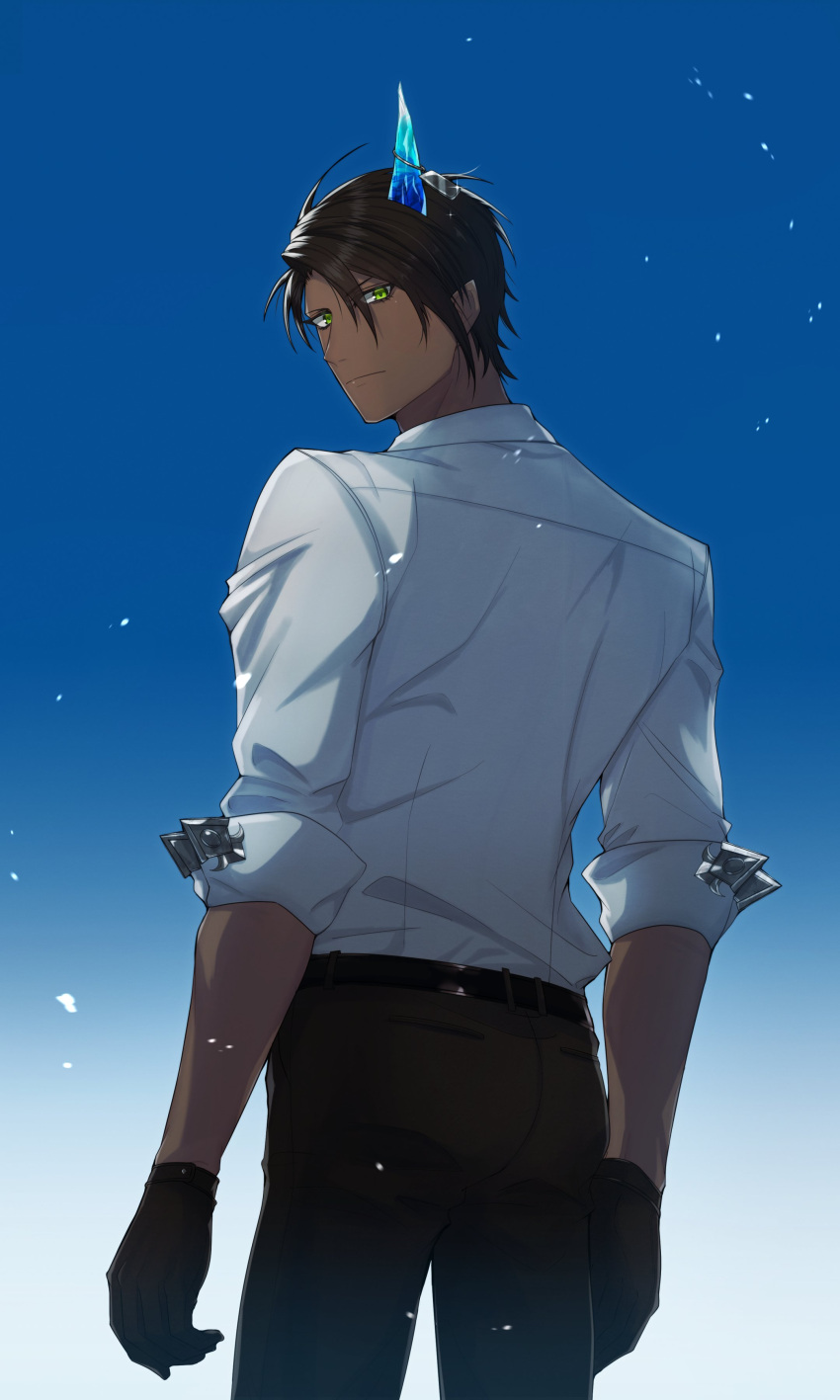 1boy, absurdres, aragami_oga, black_gloves, black_hair, black_pants, blue_sky, closed_mouth