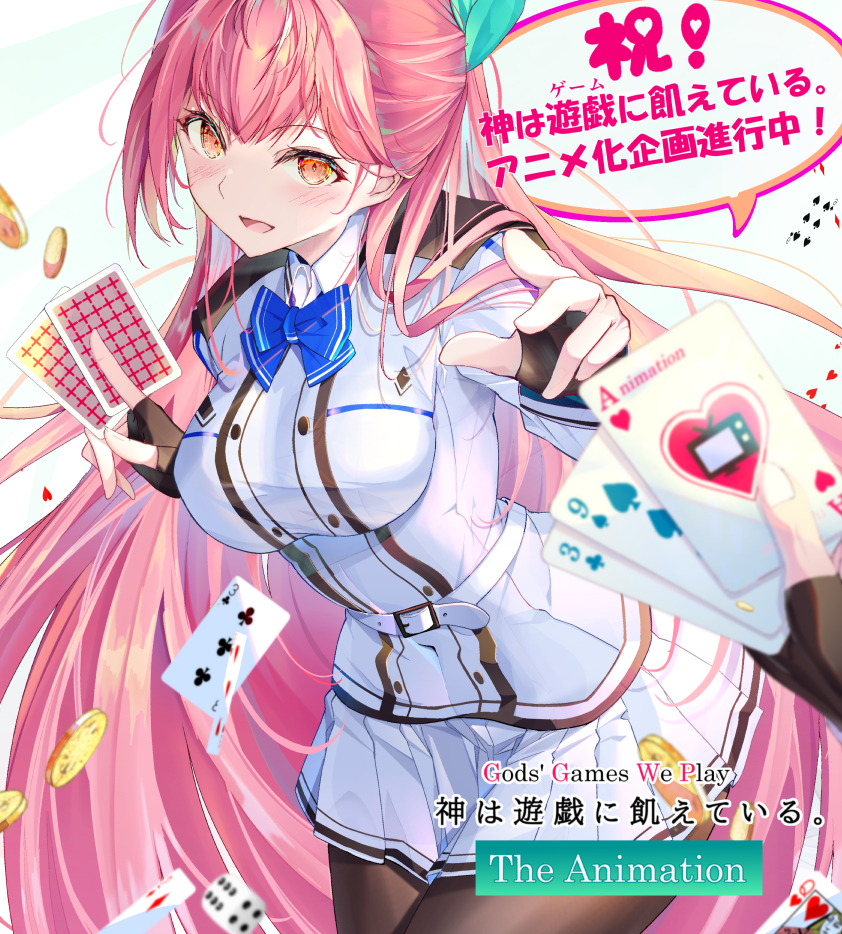 1girl, bangs, blue_bow, bow, breasts, card, coin, dice