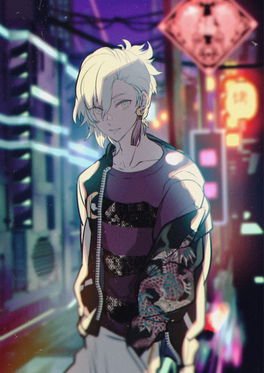 1boy, absurdres, aqua_eyes, aqua_hair, asymmetrical_hair, black_jacket, blurry, blurry_background, cowboy_shot, crescent, crescent_earrings, dragon_print, earrings, hair_between_eyes, hands_in_pockets, highres, jacket, jewelry, looking_at_viewer, male_focus, medium_hair, mikaze_ai, mofmofqueue, night, off_shoulder, official_alternate_costume, open_clothes, open_jacket, pants, parted_lips, power_lines, purple_shirt, road, road_sign, shirt, short_ponytail, sign, single_earring, smile, solo, street, striped, striped_shirt, tassel, tassel_earrings, uta_no_prince-sama, uta_no_prince-sama:_shining_live, white_pants, zipper