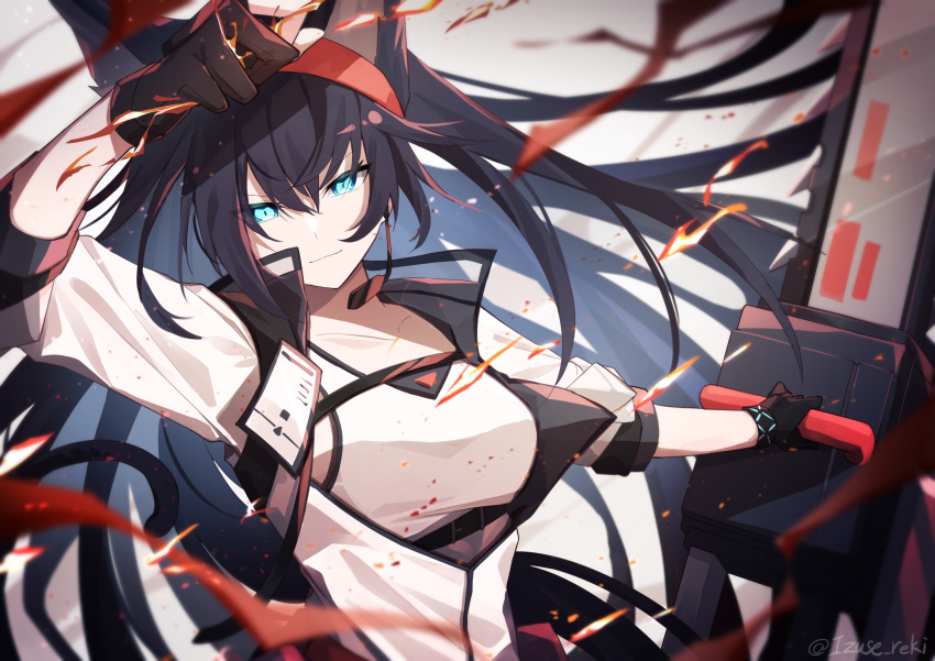 1girl, absurdres, animal_ears, arknights, black_gloves, black_hair, blaze_(arknights), blood