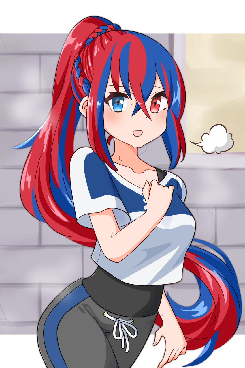 1girl, absurdres, alear_(fire_emblem), alear_(fire_emblem)_(female), bangs, blue_eyes, blue_hair, blush, braid, breasts, crossed_bangs, fire_emblem, fire_emblem_engage, heterochromia, highres, ikonaska, long_hair, medium_breasts, midriff, multicolored_hair, navel, official_alternate_costume, official_alternate_hairstyle, pants, red_eyes, redhead, side_braid, solo, split-color_hair, sports_bra, sweat, two-tone_hair, workout_clothes
