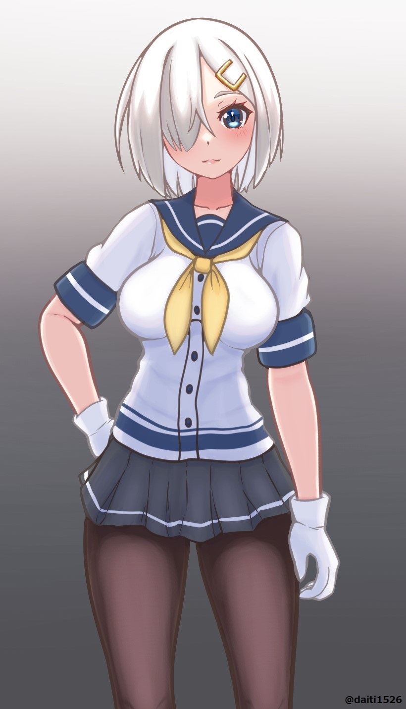 1girl, black_pantyhose, blue_eyes, breasts, commentary_request, daichi_(daiti1318), gloves, gradient