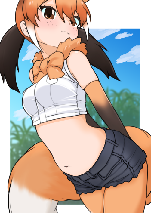 1girl, animal_ears, arms_behind_back, barefoot, blush, bow, bowtie, brown_gloves, brown_hair, commentary, cowboy_shot, crop_top, cutoffs, denim, denim_shorts, elbow_gloves, extra_ears, fur_collar, gloves, hair_between_eyes, illu, kemono_friends, long_hair, maned_wolf_(kemono_friends), midriff, multicolored_clothes, multicolored_gloves, multicolored_hair, navel, orange_bow, orange_bowtie, orange_eyes, orange_fur, orange_gloves, orange_hair, orange_pantyhose, pantyhose, shirt, short_shorts, shorts, sidelocks, sleeveless, solo, symbol-only_commentary, tail, white_hair, white_shirt, wolf_ears, wolf_girl, wolf_tail