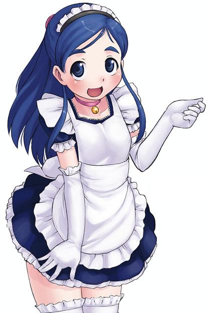 apron, bell, blue_eyes, blue_hair, blush, choker, cute, elbow_gloves, flat_chest, frilled_thighhighs, frills, futari_wa_precure, gloves, jingle_bell, jpeg_artifacts, kei_jiei, loli, long_hair, maid, precure, pretty_wa_cure, skirt, thigh_highs, thighhighs, uniform, white_background, white_legwear, yukishiro_honoka, zettai_ryouiki