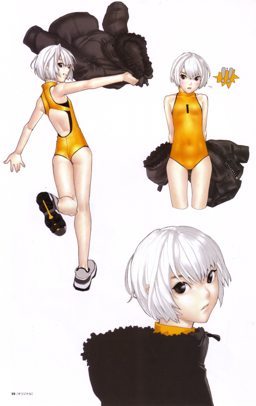 absurdres, black_eyes, blush, coat, embarrassed, flat_chest, from_behind, fur-trimmed