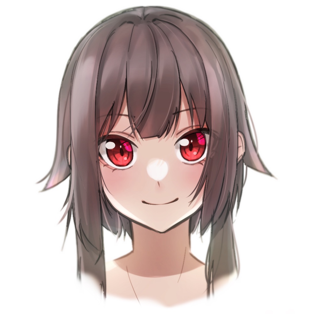 1girl, brown_hair, closed_mouth, kono_subarashii_sekai_ni_shukufuku_wo!, looking_at_viewer, megumin, portrait, red_eyes