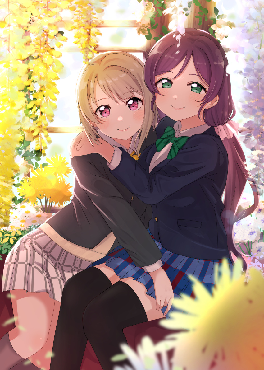 2girls, absurdres, black_jacket, black_thighhighs, blue_jacket, blue_skirt, blurry, blurry_foreground