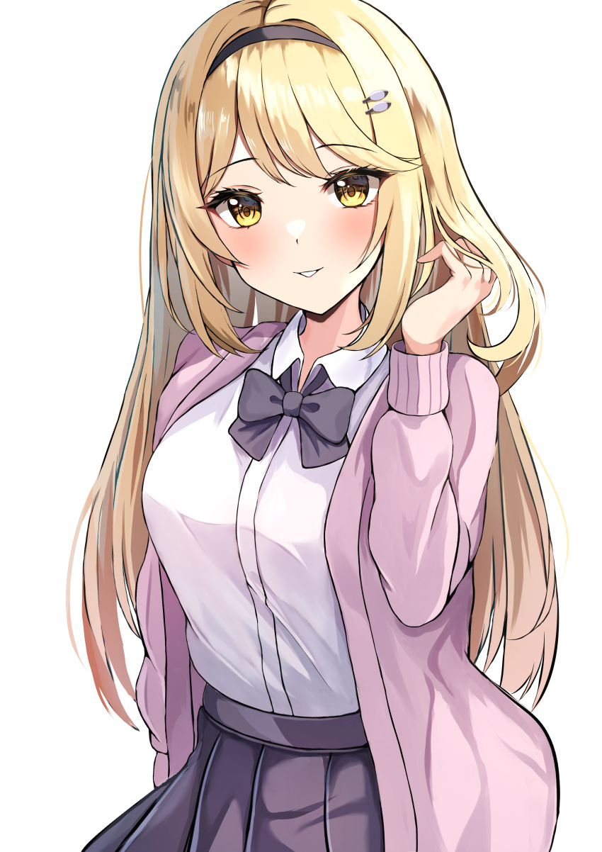1girl, absurdres, adjusting_hair, black_ribbon, blonde_hair, hairband, highres, kaede_(maple4rt), long_hair, looking_at_viewer, mythra_(xenoblade), parted, pleated_skirt, ribbon, school_uniform, skirt, smile, solo, xenoblade_chronicles_(series), xenoblade_chronicles_2, yellow_eyes