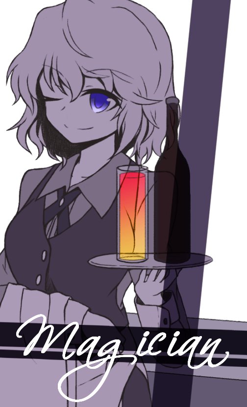 1girl, bottle, closed_mouth, collared_shirt, commentary_request, denciu, holding, holding_tray, long_sleeves, maribel_hearn, medium_hair, no_headwear, one_eye_closed, shirt, smile, solo, touhou, tray, upper_body, vest, violet_eyes