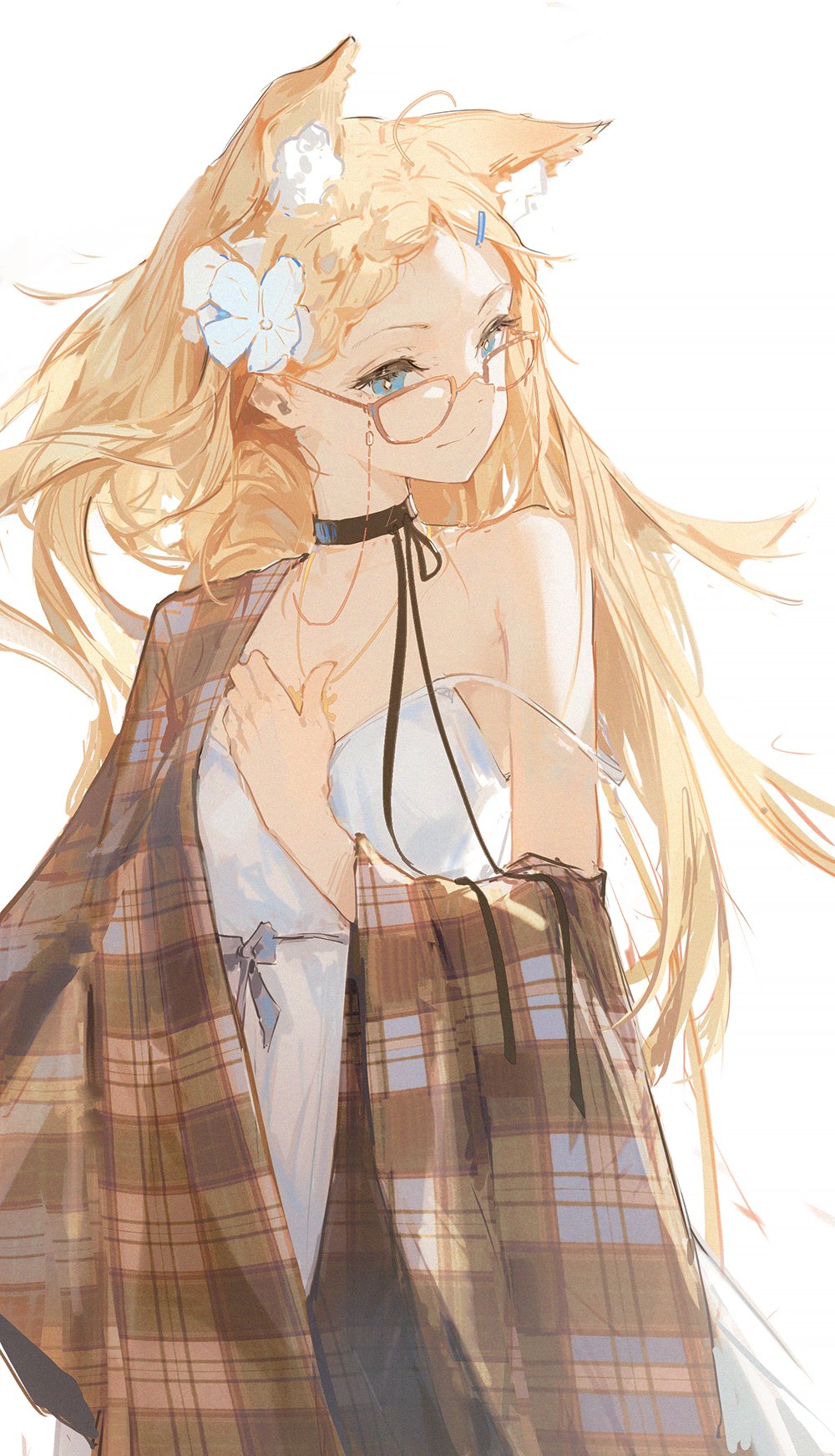 1girl, animal_ears, black_choker, blonde_hair, borrowed_character, choker, closed_mouth, dino_(dinoartforame)