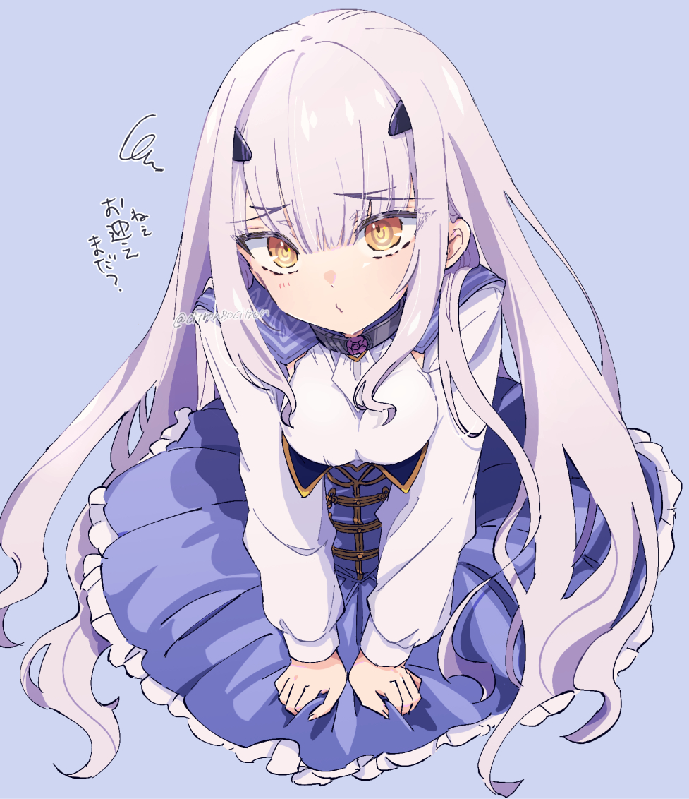 1girl, armor, bangs, blue_background, blue_dress, blue_skirt, blunt_bangs, breasts