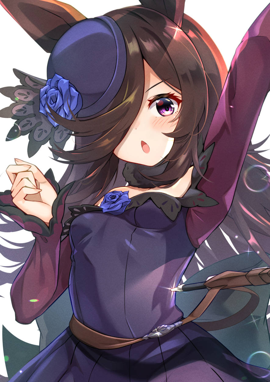 1girl, animal_ears, arm_up, blue_flower, blue_rose, breasts, brown_hair, chestnut_mouth