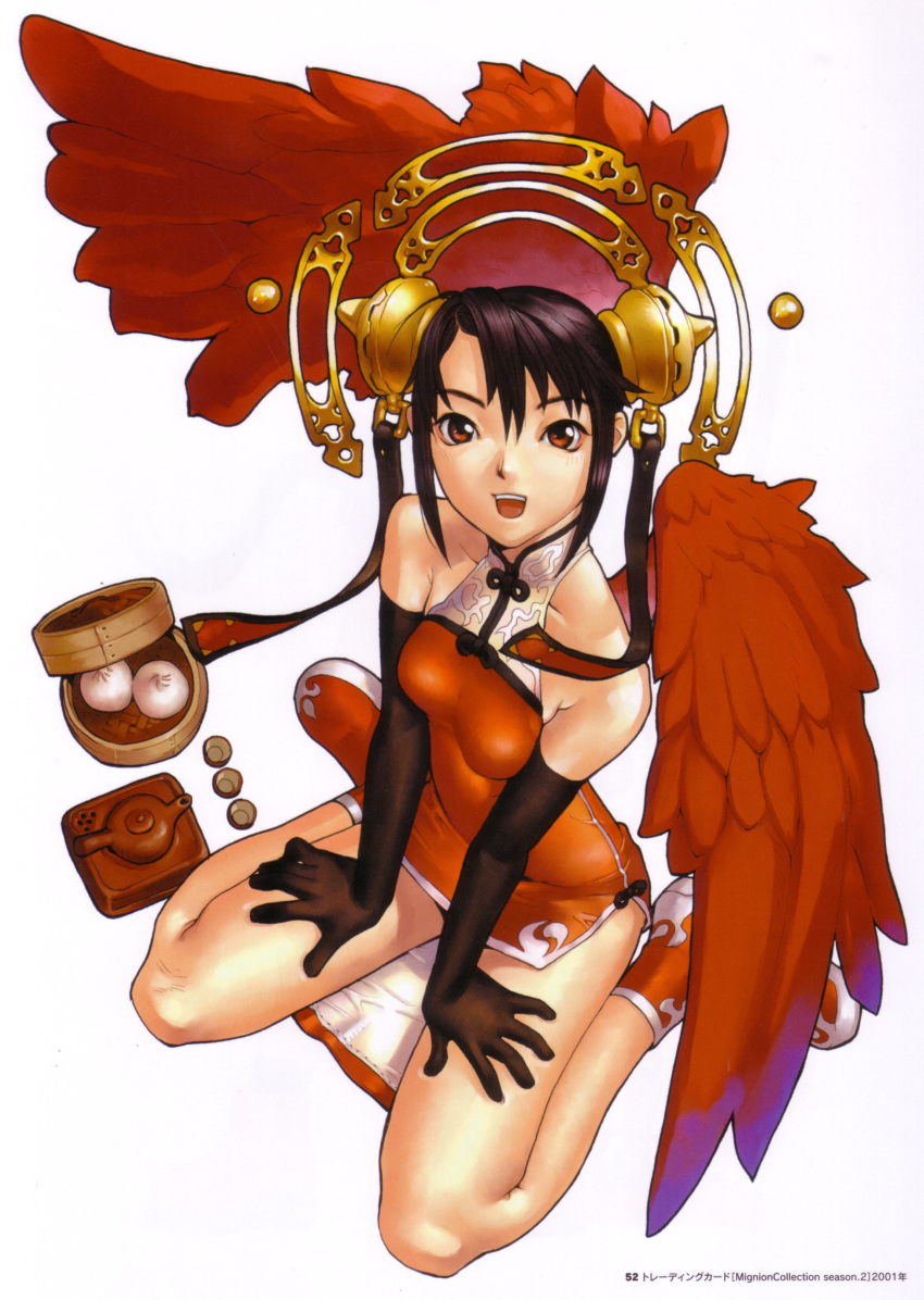 :d, bamboo_steamer, black_hair, boots, brown_hair, china_dress, chinadress, chinese_clothes, dim_sum, double_buns, elbow_gloves, food, gloves, hair_ornament, hakua_ugetsu, highres, nikuman, open_mouth, red, red_eyes, scan, simple_background, sitting, solo, steamed_buns, teacup, teapot, wariza, wings
