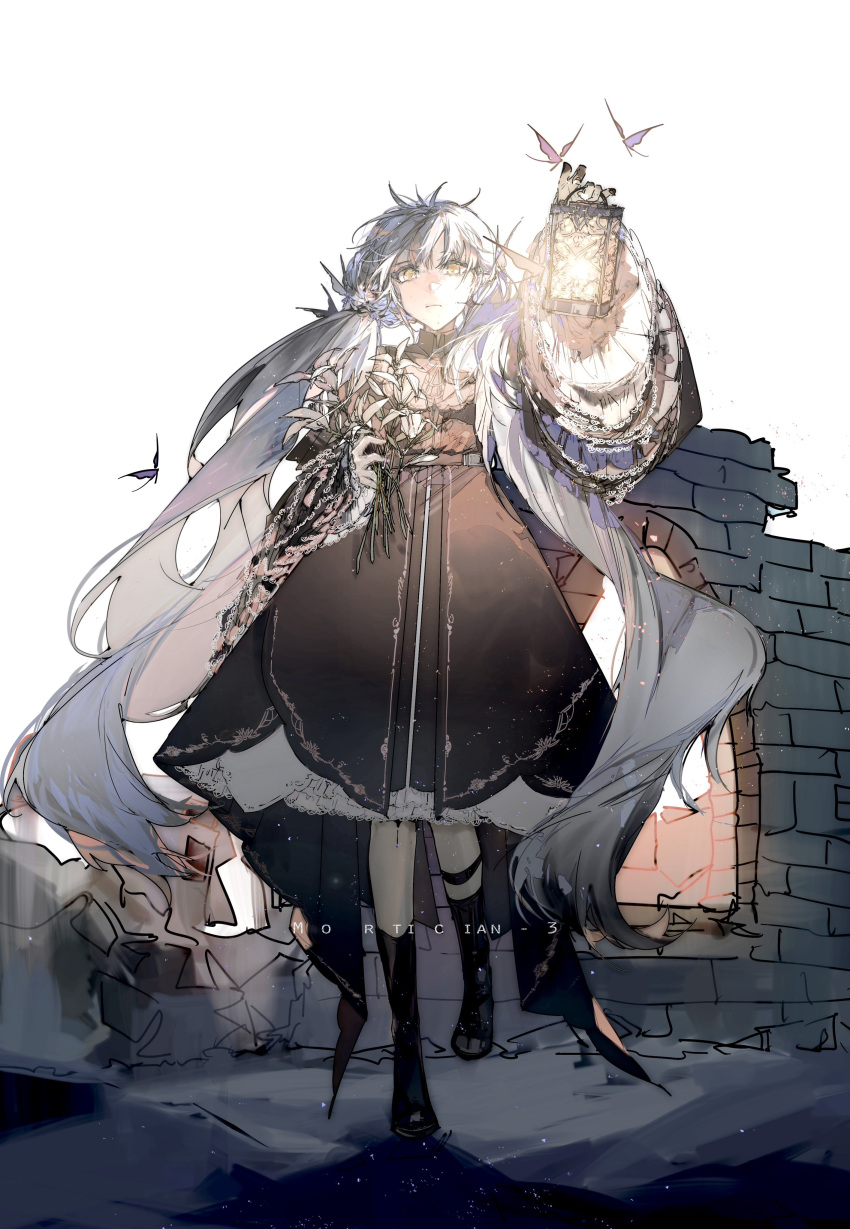 1girl, absurdres, black_dress, black_footwear, blueblossom, clotho_(girls'_frontline_nc), commentary, dress, earrings, english_commentary, flower, frilled_dress, frills, full_body, girls'_frontline_neural_cloud, girls_frontline, highres, holding, holding_flower, holding_lantern, jewelry, lantern, long_hair, looking_at_viewer, messy_hair, ruins, solo, twintails, very_long_hair, white_hair, wide_sleeves, yellow_eyes