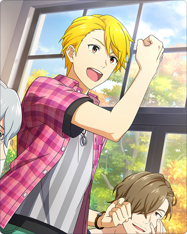 3boys, blonde_hair, brown_eyes, brown_hair, buttons, clenched_hands, green_hair, hair_over_one_eye, hazama_michio, idolmaster, idolmaster_side-m, idolmaster_side-m_growing_stars, jewelry, maita_rui, male_focus, multiple_boys, necklace, official_art, open_clothes, open_mouth, open_shirt, out_of_frame, shirt, short_sleeves, teeth, third-party_source, tree, upper_body, upper_teeth, window, yamashita_jiro