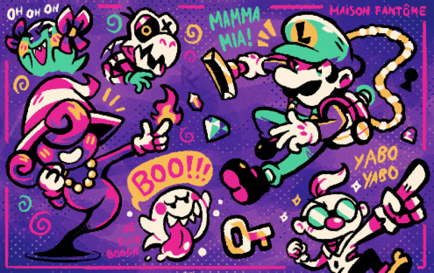 2boys, 2girls, boo_(mario), bow_(paper_mario), colored_skin, dry_bones, english_text, facial_hair, fire, gem, glasses, gloves, halloween, hat, highres, jewelry, key, luigi, luigi's_mansion, multiple_boys, multiple_girls, mustache, necklace, nintendo, oniri_boy, paper_mario:_the_thousand_year_door, paper_mario_64, pixel_art, poltergust_3000, professor_elvin_gadd, purple_skin, sharp_teeth, skeleton, teeth, tongue, tongue_out, vivian_(paper_mario), white_gloves, witch_hat