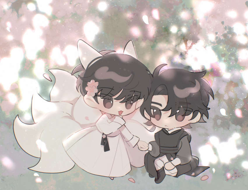 2boys, alternate_costume, animal_ears, black_footwear, black_hair, chibi, chinese_commentary, closed_mouth